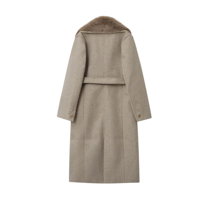 Damen eleganter Mantel mit großem abnehmbaren Schalkragen aus Fauxfur, Wickelgürtel und verdeckter Knopfleiste – Montévia