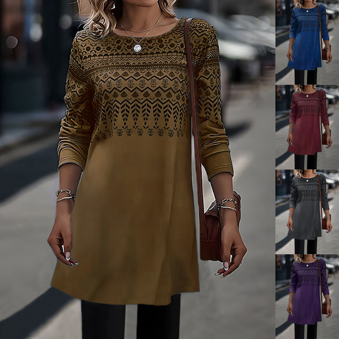 Frauen Longline Tunika Kleid mit Ethno Druck und Rundhalsausschnitt Echoarchiv