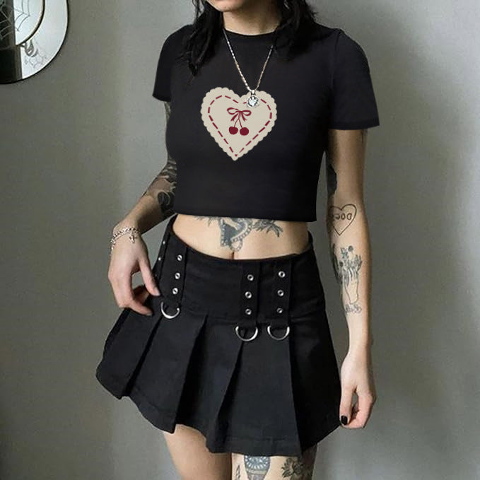 Damen Crop-T-Shirt mit verspieltem Kirschmotiv und elegantem Schleifenprint Echo Archiv