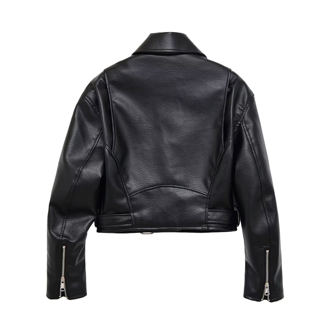 Damen Bikerjacke aus veganem Lederimitat mit asymmetrischem Reißverschluss und Taillengürtel Echoarchiv