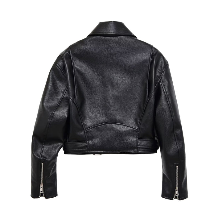 Damen Bikerjacke aus veganem Lederimitat mit asymmetrischem Reißverschluss und Taillengürtel Echoarchiv