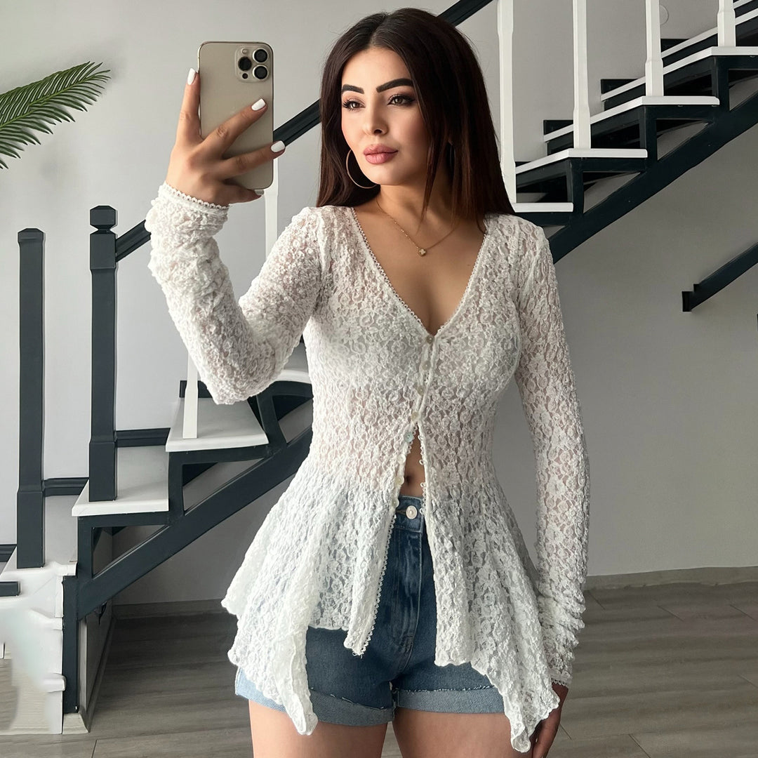 Damen Rüschenbluse aus feiner Spitze mit Knopfdetails Echo Archiv