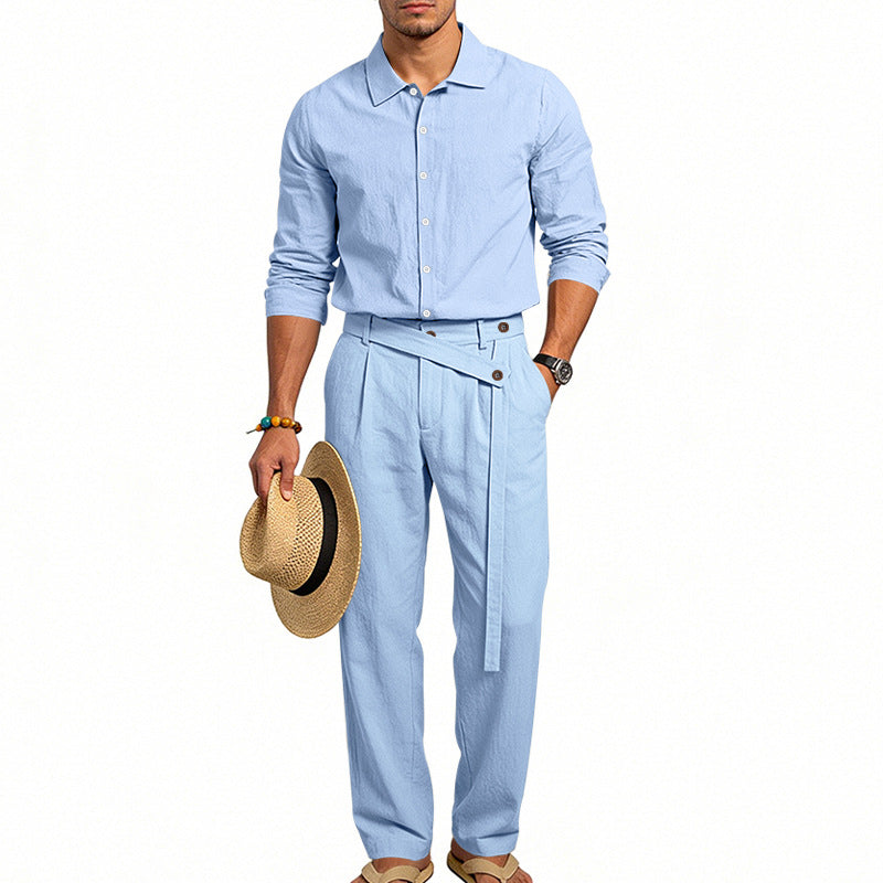 Herren nan eleganter Leinen-Zweiteiler mit Hemd und Hose mit hohem Bund und Bindegürtel Echoarchiv