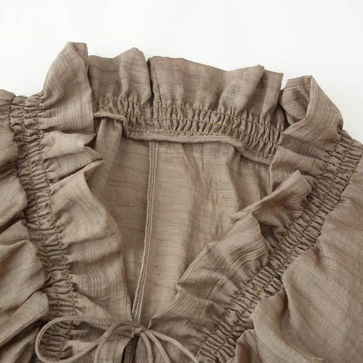 Damen Romantische Rüschenbluse im Boho-Stil mit Bindeband und gerafften Manschetten Echoarchiv