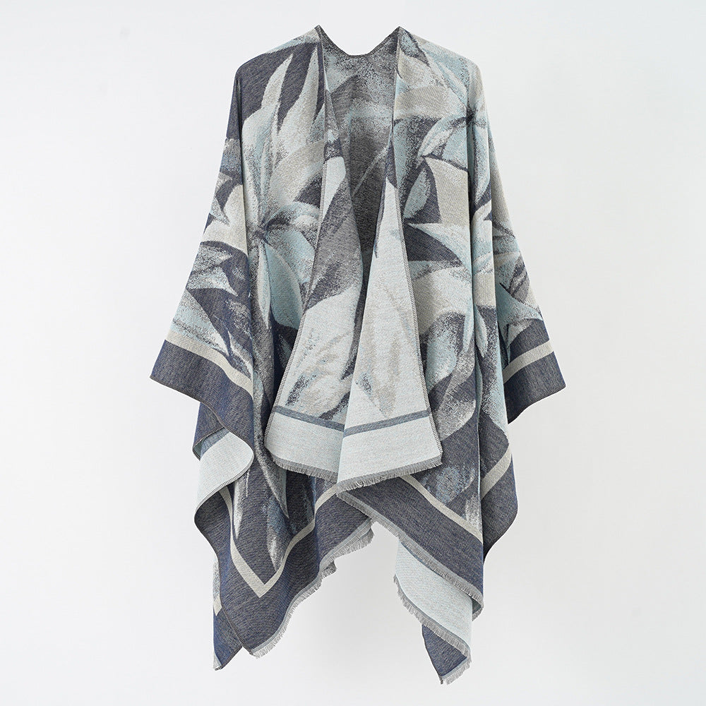 Damen Jacquard-Überwurfponcho mit floral-abstrakter Webstruktur und weichfallendem Oversize-Cape Echo Archiv