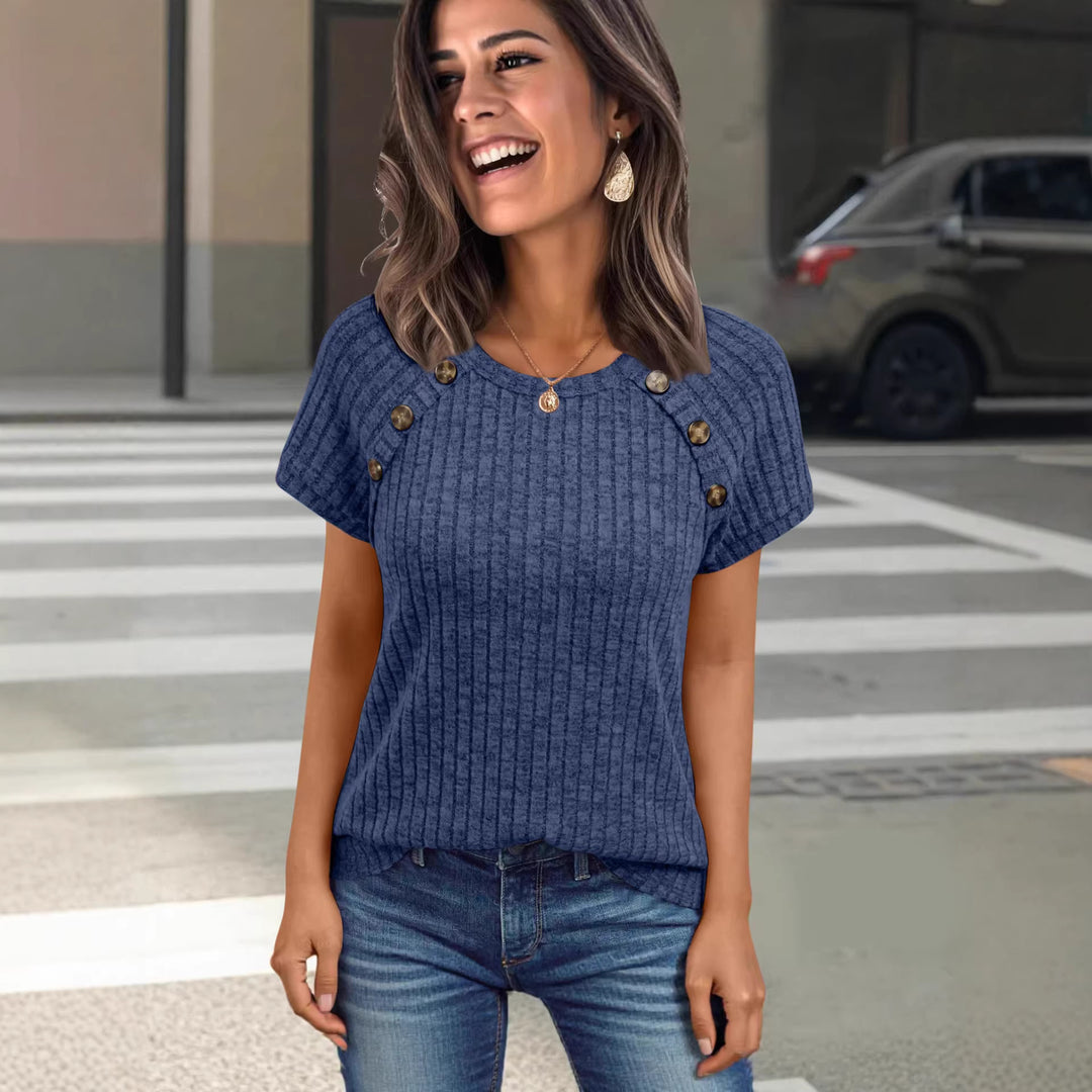 Damen lässiges Rippenstrick-T-Shirt mit Knöpfen Echo Archiv