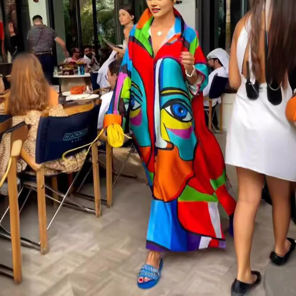 Damen nan Oversize-Hemdkaftan mit abstraktem Portraitprint und Hemdkragen Echo Archiv