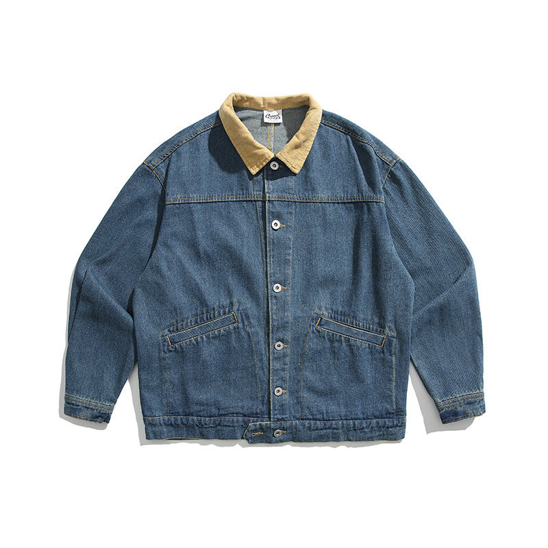Unisex Boxy-Jeansjacke mit Cordkragen, Druckknopfleiste und Eingrifftaschen Echo Archiv