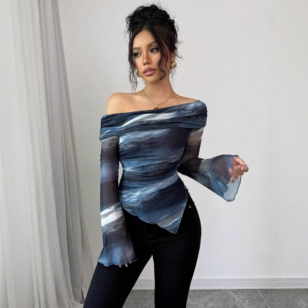 Damen nan schulterfreies Mesh-Wickeltop mit asymmetrischem Zipfelsaum und langen ausgestellten Ärmeln Echo Archiv
