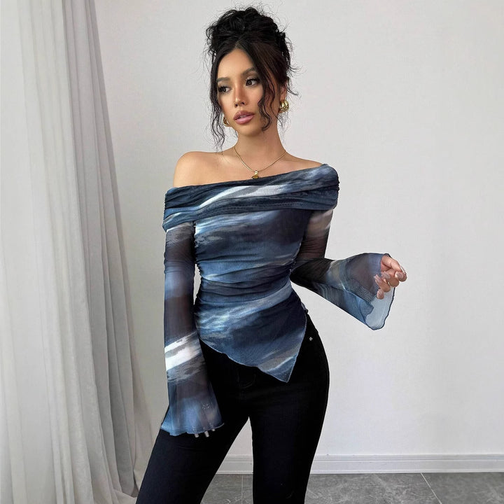 Damen nan schulterfreies Mesh-Wickeltop mit asymmetrischem Zipfelsaum und langen ausgestellten Ärmeln Echo Archiv