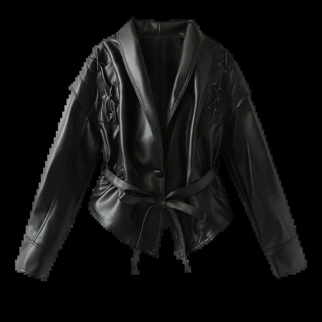 Damen Veloursoptik Blazerjacke mit Schalkragen, Schnürbesatz an den Schultern und taillierendem Bindegürtel – Valéne
