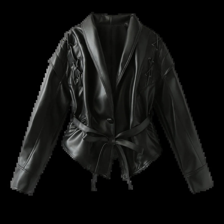 Damen Veloursoptik Blazerjacke mit Schalkragen, Schnürbesatz an den Schultern und taillierendem Bindegürtel – Valéne
