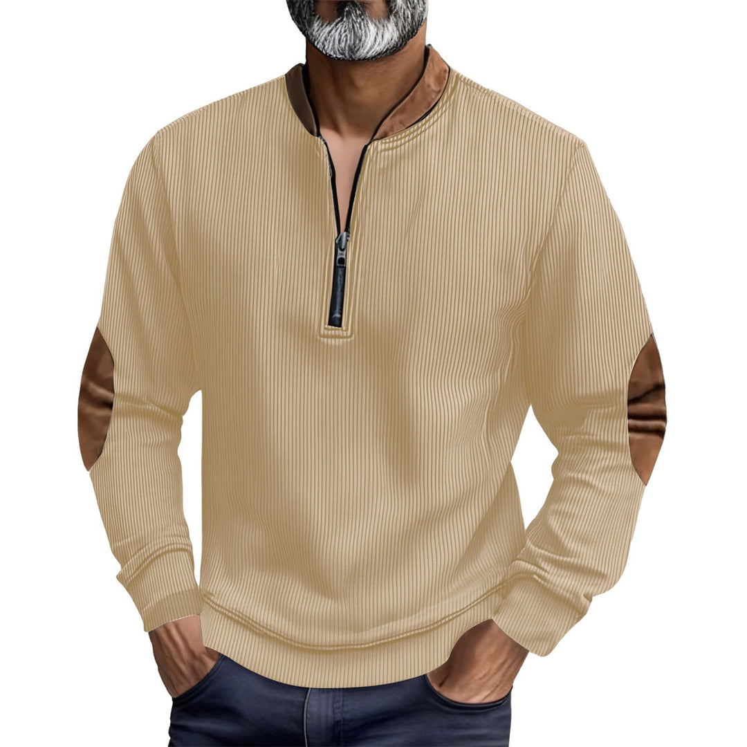 Herren eleganter Pullover mit Stehkragen und modischen Ledereinsätzen Echoarchiv