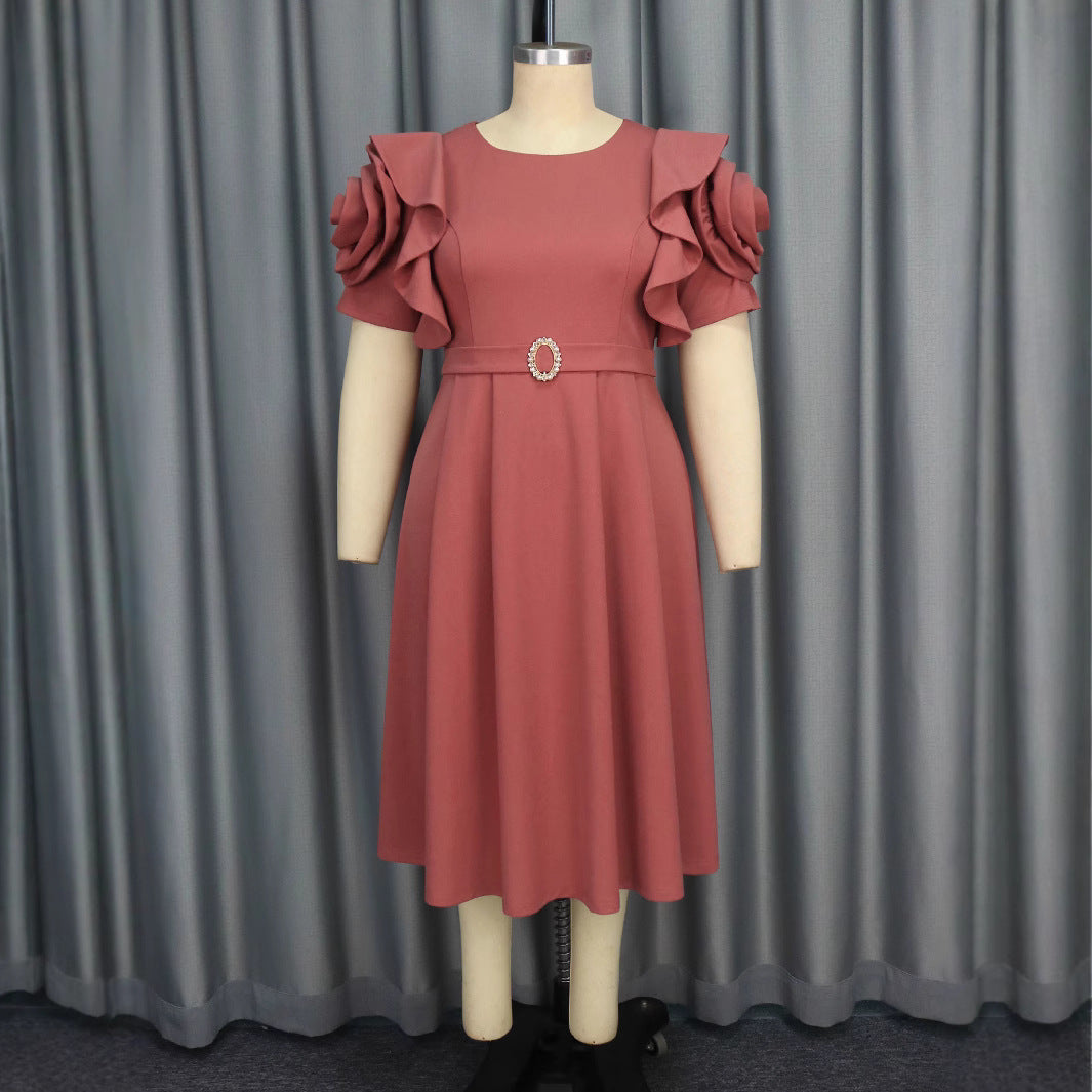 Damen Elegantes Midi-Kleid mit voluminösen Rüschenärmeln und funkelndem Schmuckdetail Echo Archiv