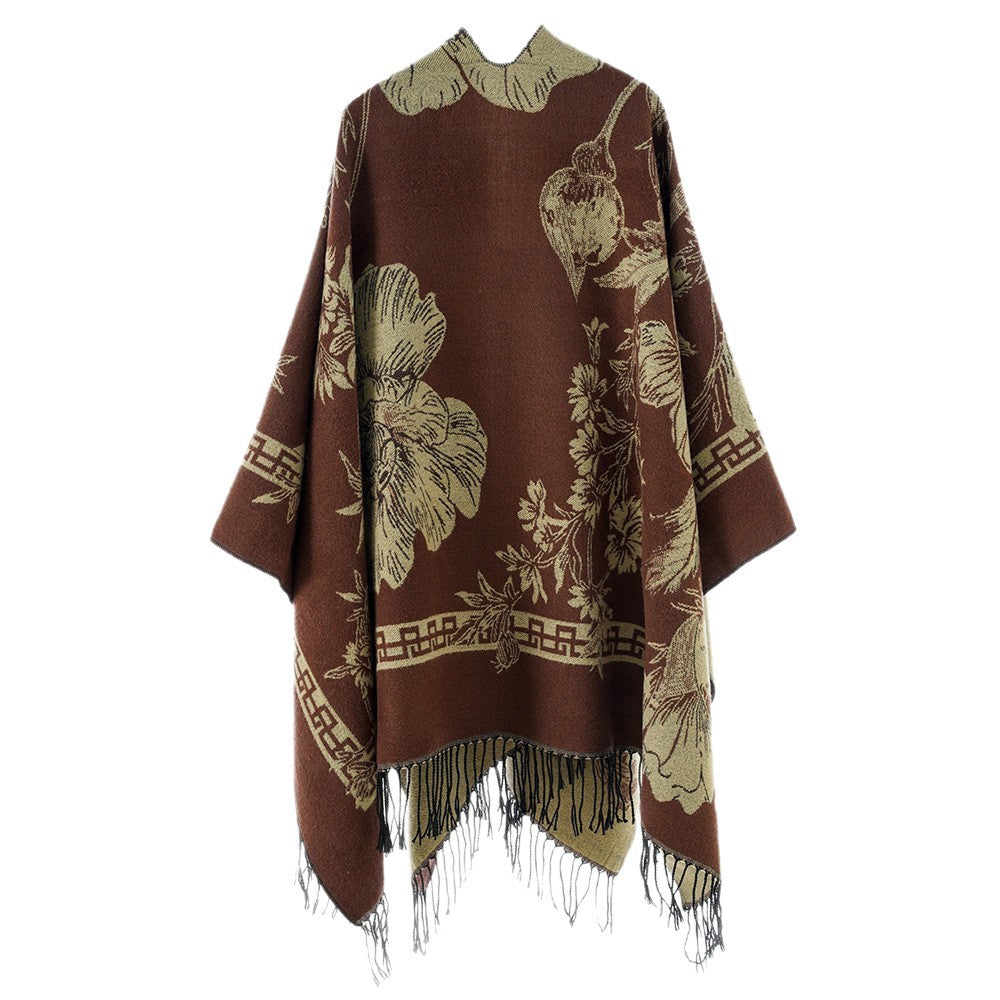 Damen Rechteckiger Jacquard-Überwurf mit floralem Allovermotiv und Fransensaum – Avérine
