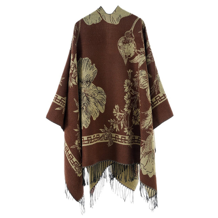 Damen Rechteckiger Jacquard-Überwurf mit floralem Allovermotiv und Fransensaum – Avérine