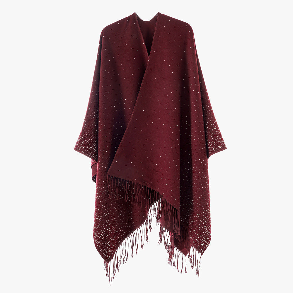Damen Strickponcho mit Fransen und dezentem Schimmerbesatz – Avérine