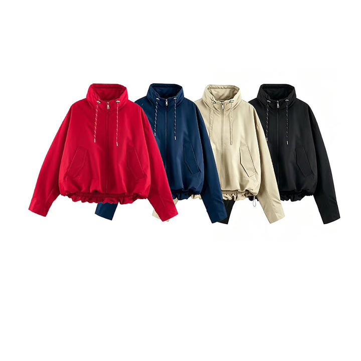 Damen Cropped Oversize Windbreaker mit hohem Funnelkragen, Kordelzug und gerafftem Elastikbund Echoarchiv
