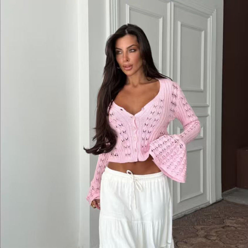 Damen Stylische Strickjacke mit V-Ausschnitt und Schlagärmeln Echo Archiv