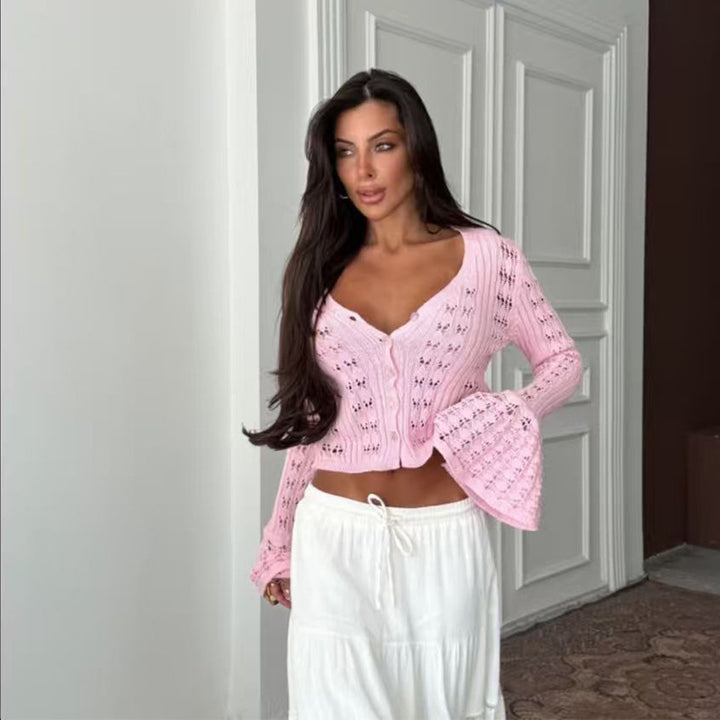 Damen Stylische Strickjacke mit V-Ausschnitt und Schlagärmeln Echo Archiv