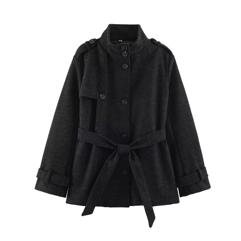 Damen kurze taillierte Manteljacke aus Wollmix mit Stehkragen, Schulterpatten und Bindegürtel Echo Archiv