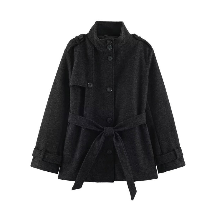 Damen kurze taillierte Manteljacke aus Wollmix mit Stehkragen, Schulterpatten und Bindegürtel Echo Archiv