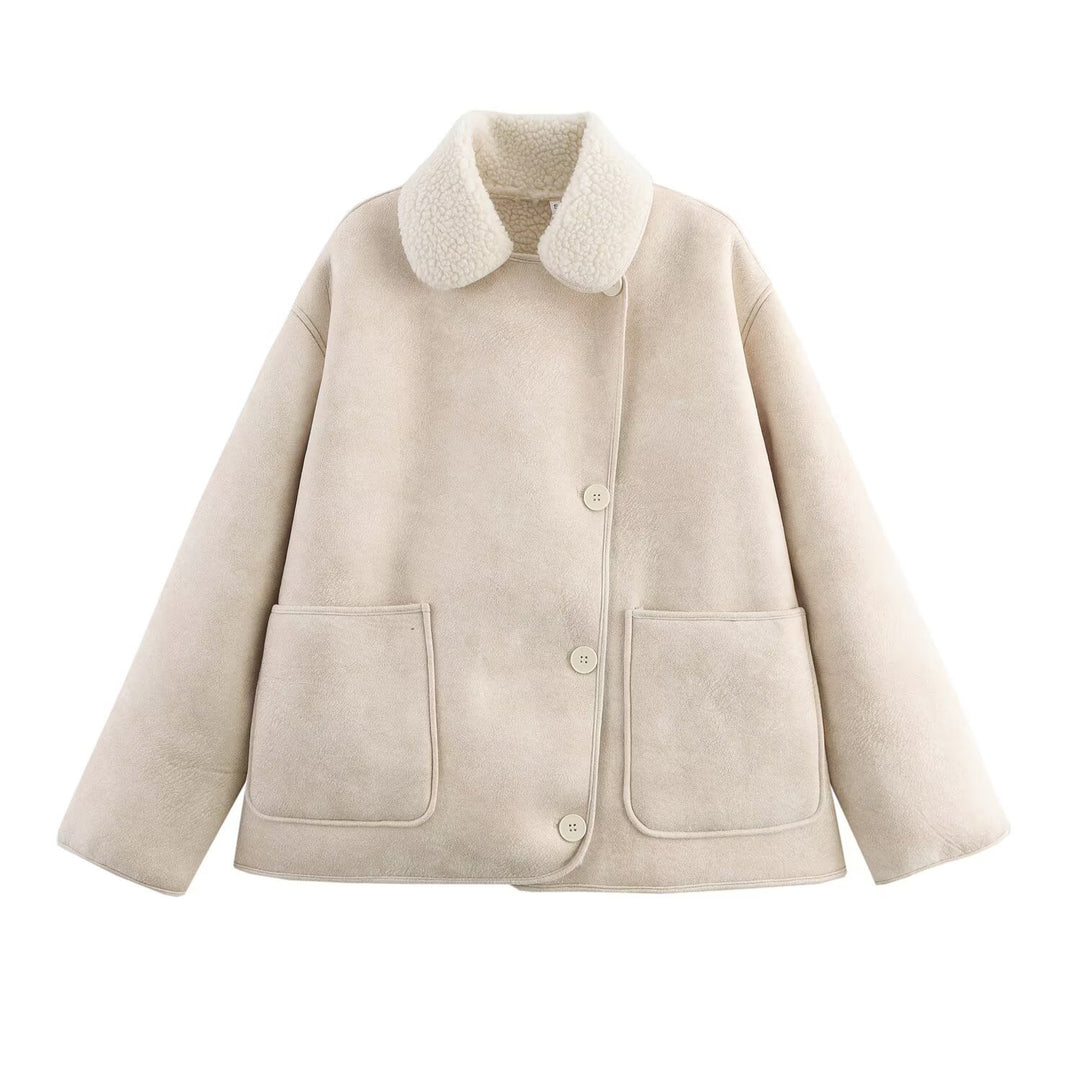 Damen Kurz geschnittener Oversized Lammfellimitat-Mantel mit Teddy-Kragen Echo Archiv