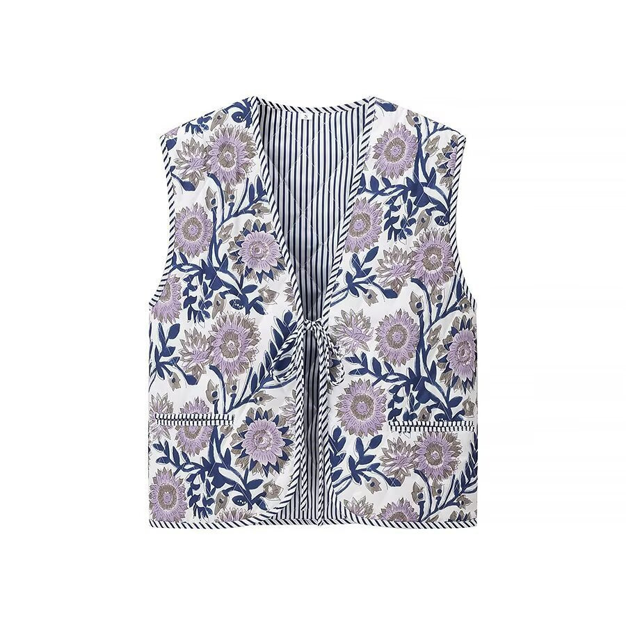 Damen Gepolsterte Steppweste mit floraler Allover-Optik und Bindeband Echo Archiv