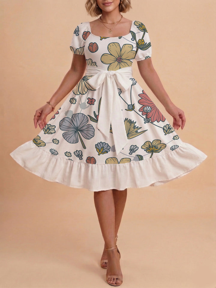 Damen Midi Kleid mit elegantem Blumendruck und tailliertem Gürtel Echo Archiv