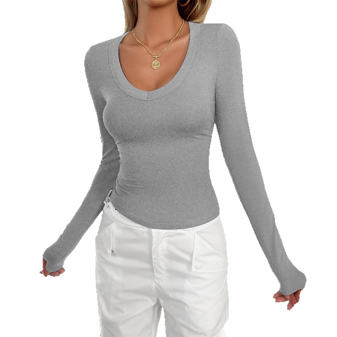 Damen figurnahes Langarmshirt mit tiefem Rundhalsausschnitt und elastischem Stretchjersey – Avérine