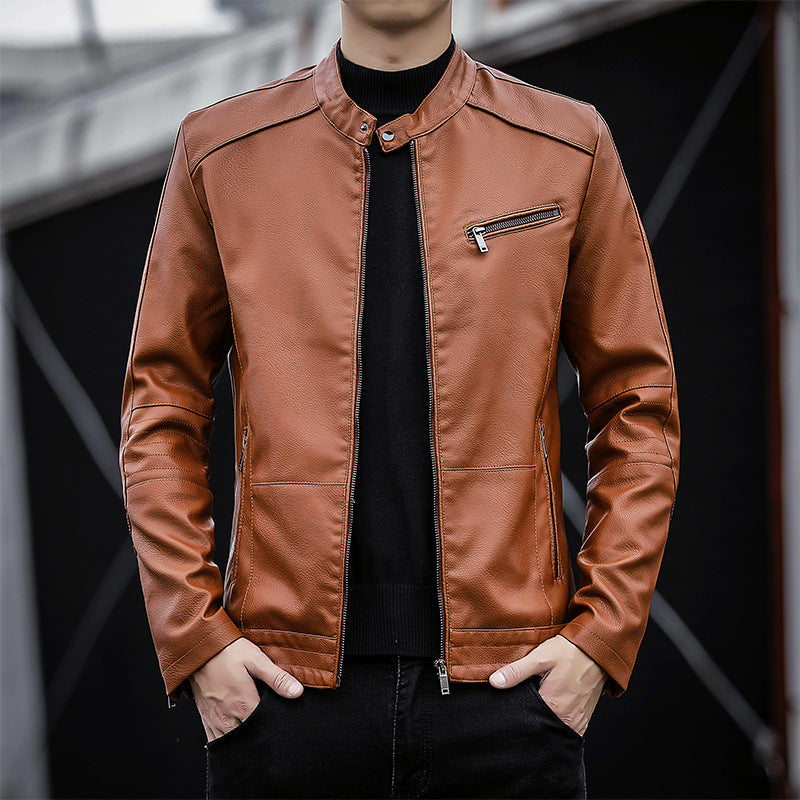 Herren Slim-Fit Kunstleder-Motojacke mit Stehkragen und Reißverschlussdetails Echoarchiv