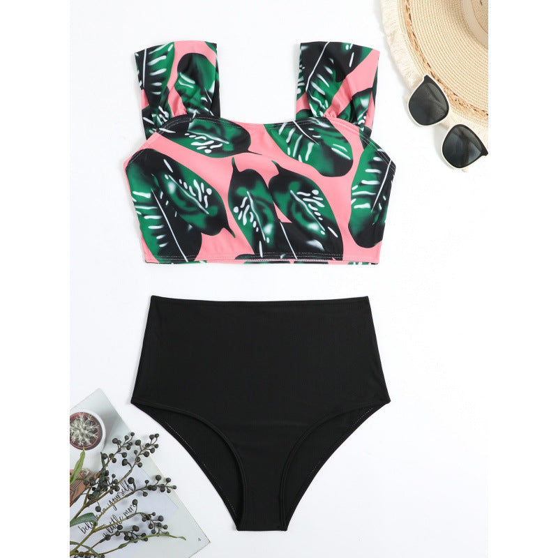 Damen Hochgeschnittener Bikini mit modischem Streifenmuster und floralem Unterteil Echo Archiv