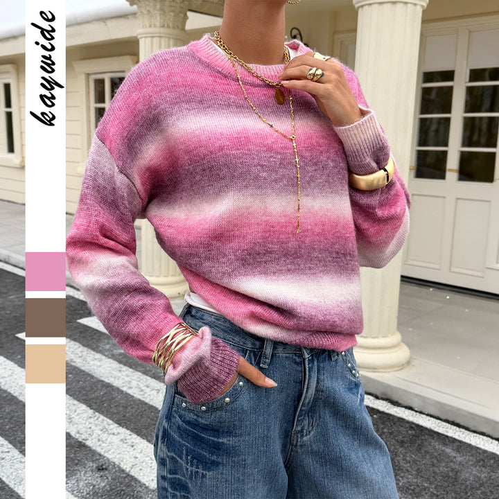 Damen Oversized-Feinstrickpullover mit Ombre-Verlauf, Rundhalsausschnitt und überschnittener Schulter – Mavelle