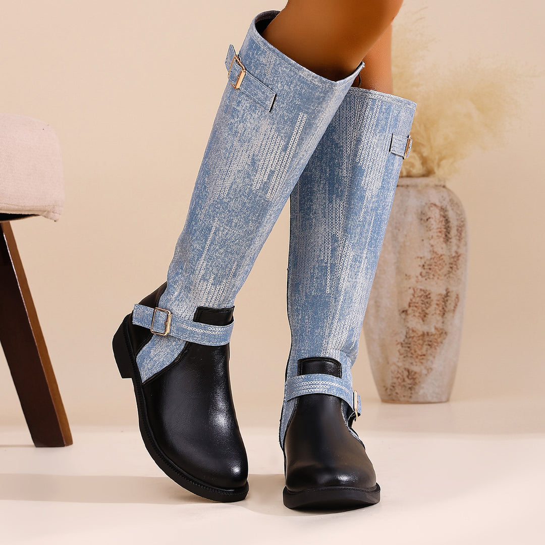 Damen Kniehohe Western‑Stiefel mit Denim‑Schaft und verstellbaren Schnallenriemen – Lioré