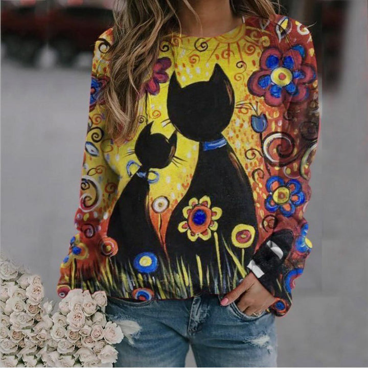 Damen Oversized-Sweatshirt mit künstlerischem Katzen-Print und floraler Musterung – Avérine