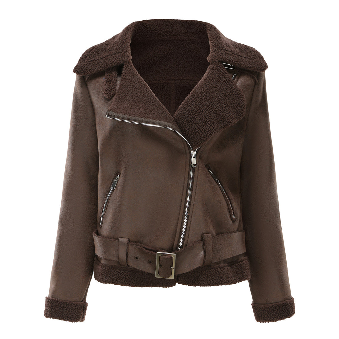 Damen taillierte Lammfellimitat-Fliegerjacke mit Gürtel und Teddyfutter – Célinea
