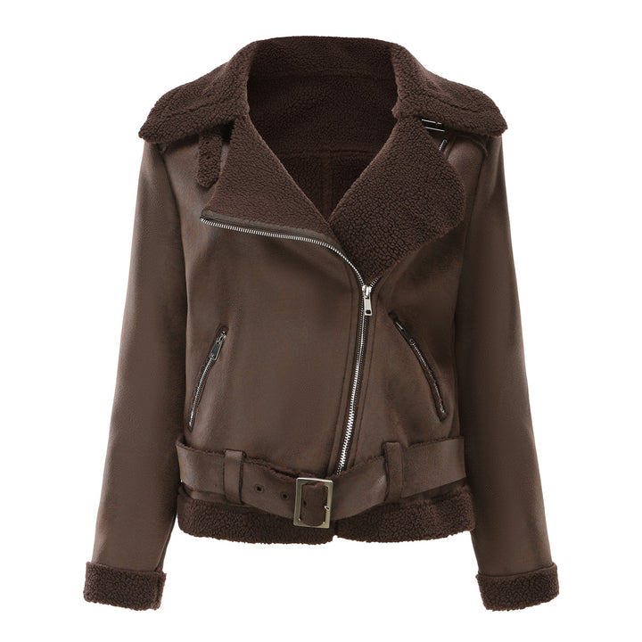 Damen nan taillierte Lammfellimitat-Fliegerjacke mit Gürtel und Teddyfutter Echo Archiv
