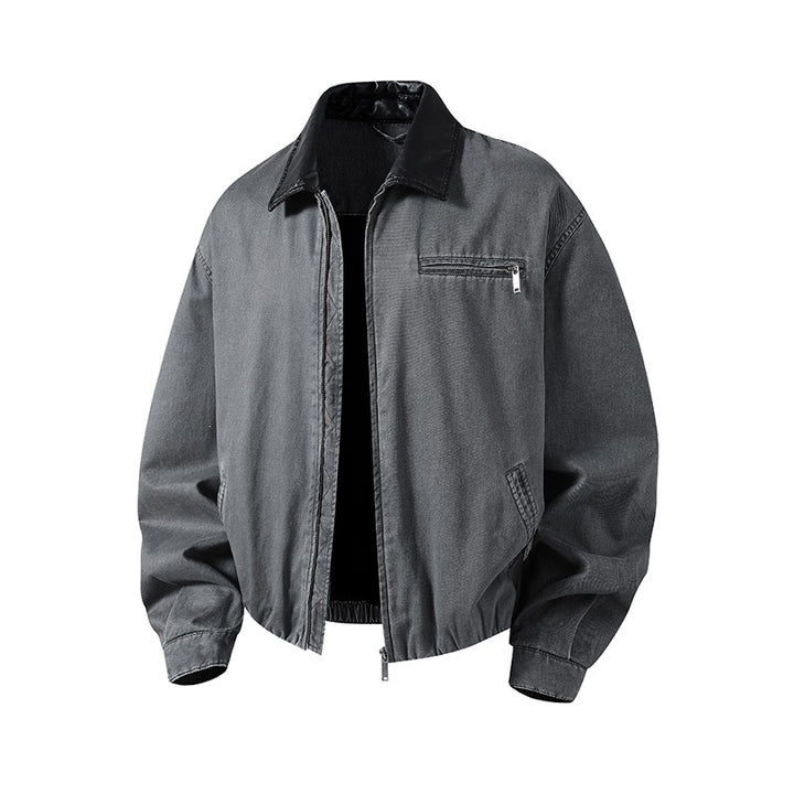 Herren Boxy-Denim-Überhemdjacke mit Lederkragen, Brusttasche mit Reißverschluss & elastischem Saum Echoarchiv