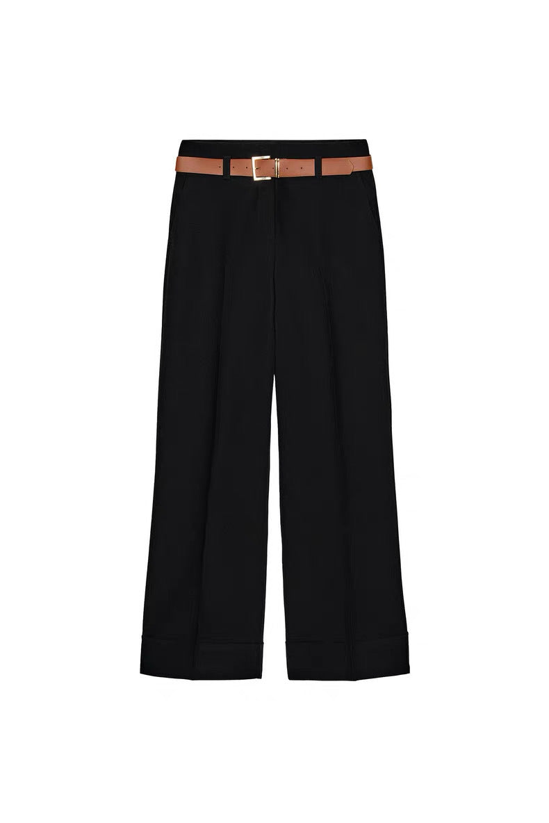 Damen Weite High‑Waist‑Hose mit Umschlagsaum, Bügelfalte und Taillengürtel Echoarchiv