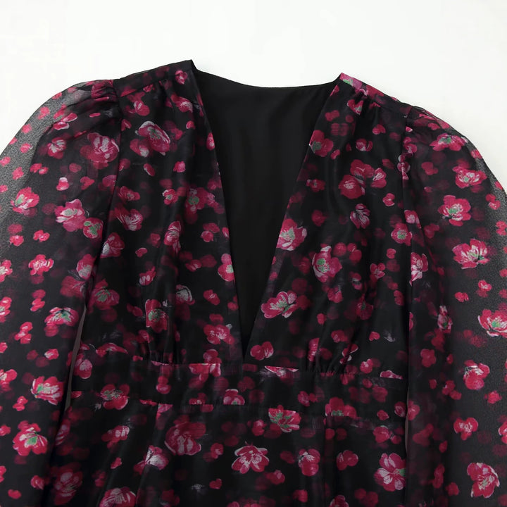 Damen Florales Chiffon-Minikleid mit tiefem V-Ausschnitt, Glockenärmeln und Stufenvolant Echo Archiv