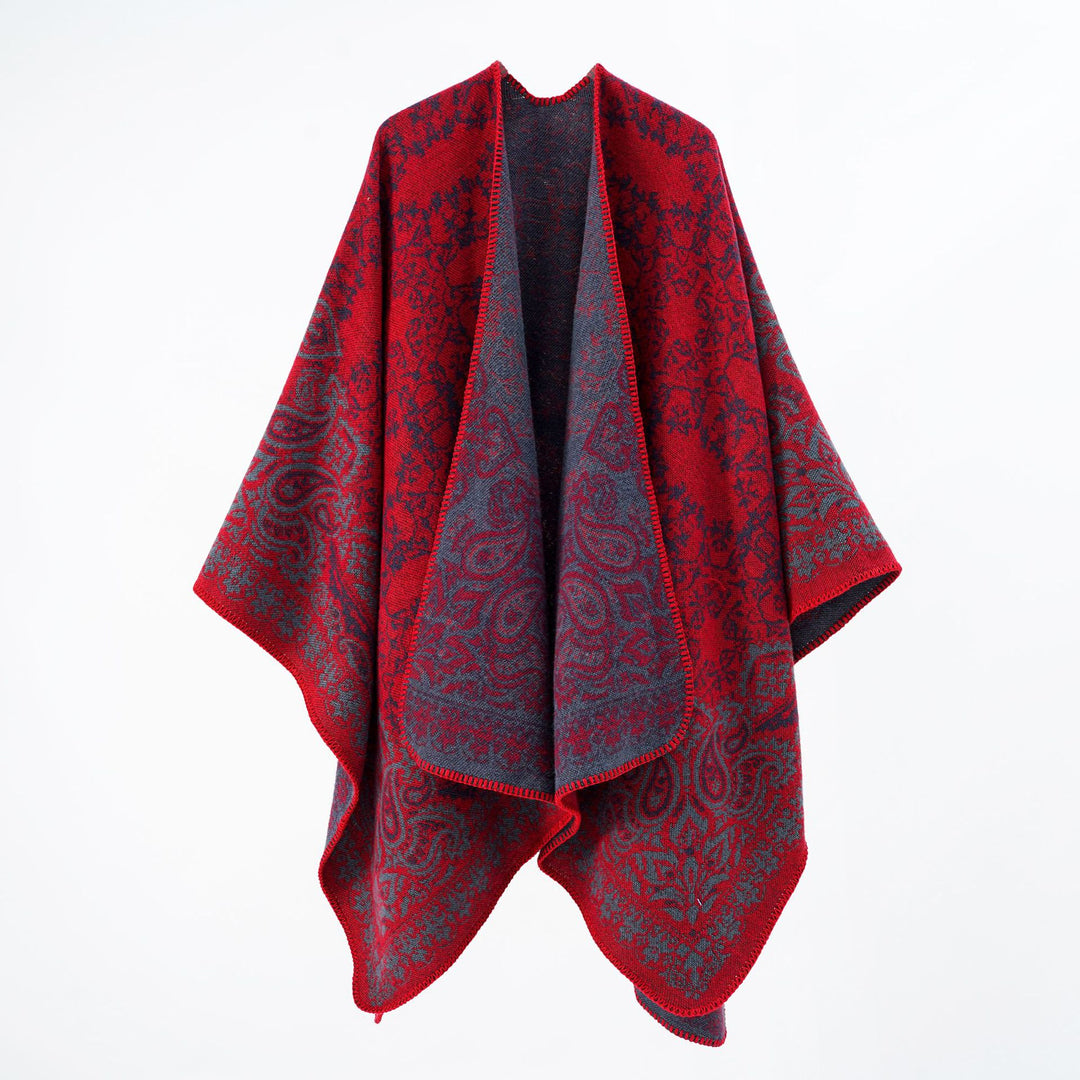 Damen Überwurfponcho im Double-Face‑Jacquard mit Paisley‑Inspiration und Zierstichkante – Célinea