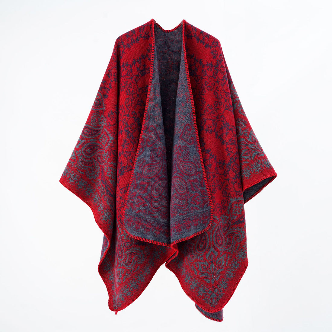 Damen Überwurfponcho im Double-Face‑Jacquard mit Paisley‑Inspiration und Zierstichkante – Célinea