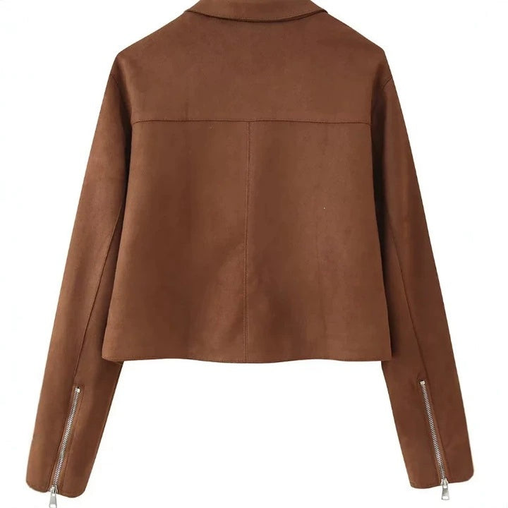 Damen Gekürzte Velourslederjacke mit Hemdkragen, durchgehendem Metallreißverschluss und Zipper-Taschen Echo Archiv