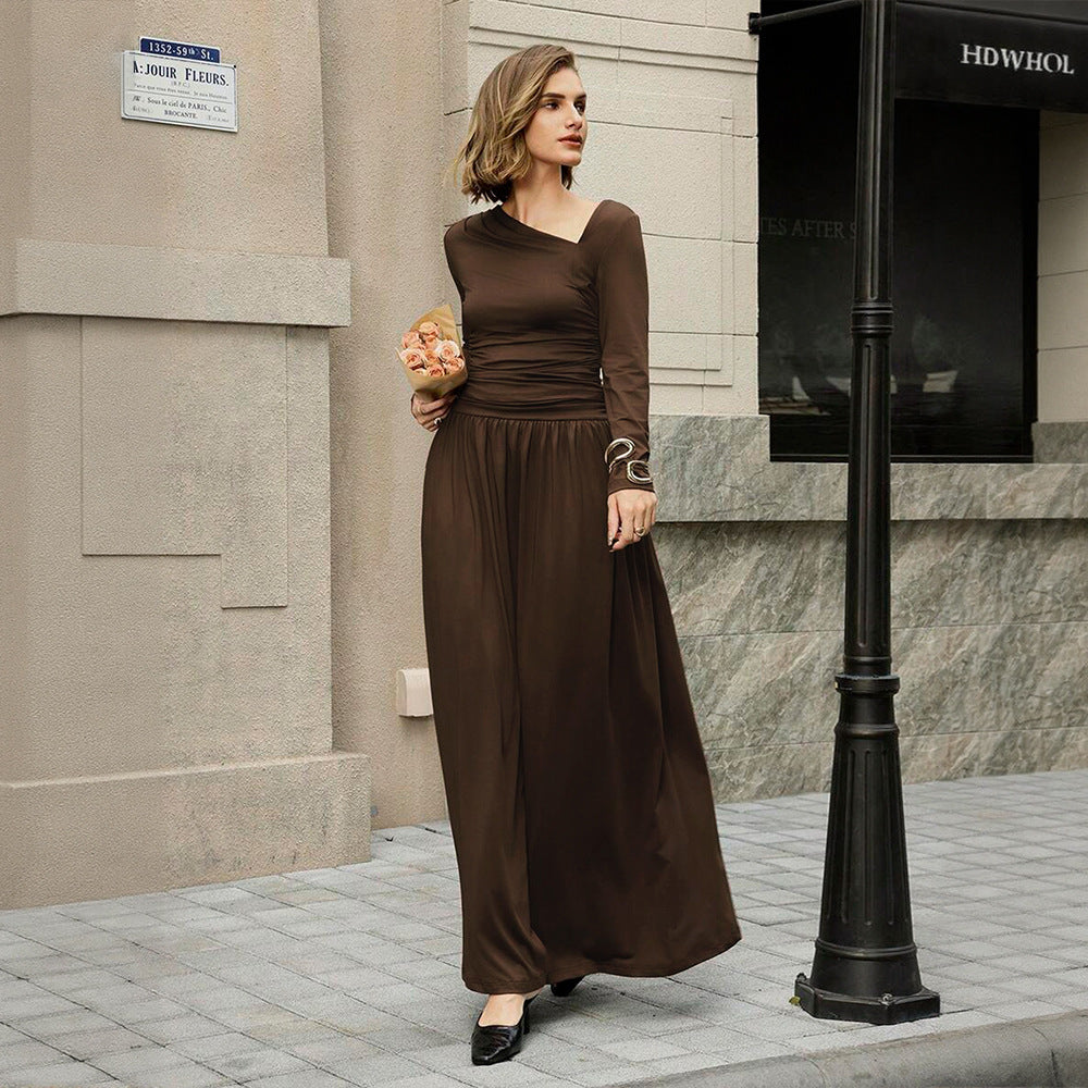 Damen asymmetrisches Maxikleid mit langem Ärmel und geraffter Taillenpartie – Valéora