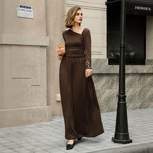 Damen asymmetrisches Maxikleid mit langem Ärmel und geraffter Taillenpartie – Valéora