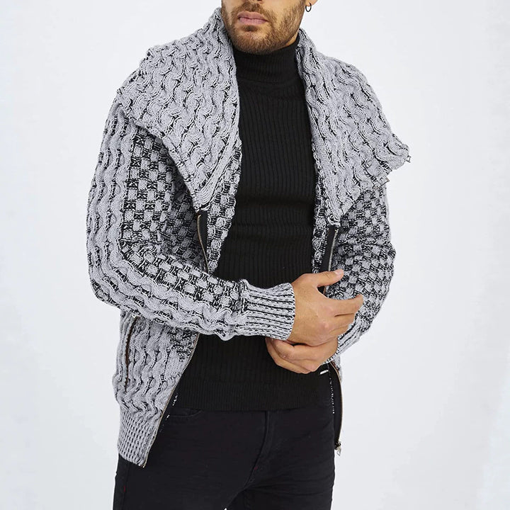 Herren Grobstrick-Cardigan mit asymmetrischem Wickelkragen und Reißverschluss Echo Archiv