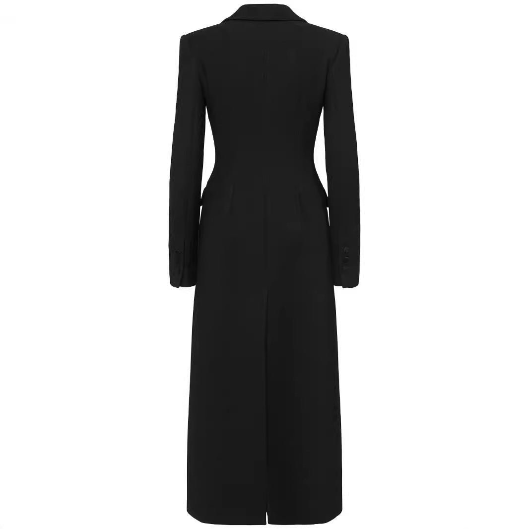 Damen Doppelreihiges tailliertes Blazerkleid mit Maxi‑Länge und Pattentaschen Echoarchiv