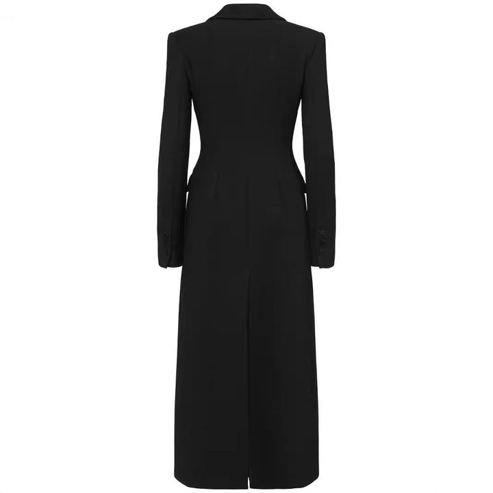 Damen Doppelreihiges tailliertes Blazerkleid mit Maxi‑Länge und Pattentaschen Echoarchiv