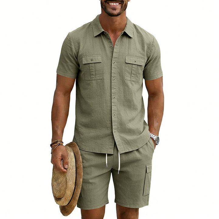 Herren nan sommerliches Freizeitset aus Baumwoll-Leinenmix mit Kurzarm-Hemd und Cargo-Shorts Echo Archiv