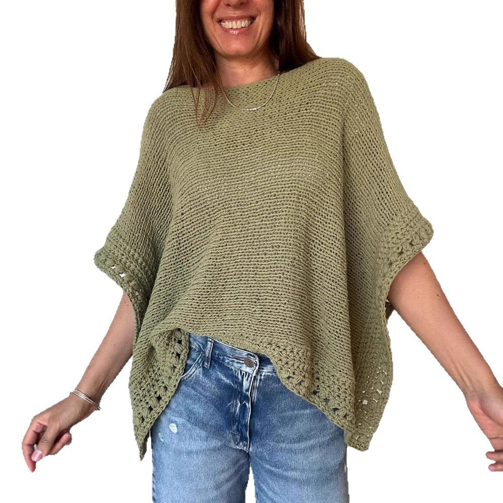 Damen Leichtes Oversize Strickponcho mit Häkelkante – Veloura